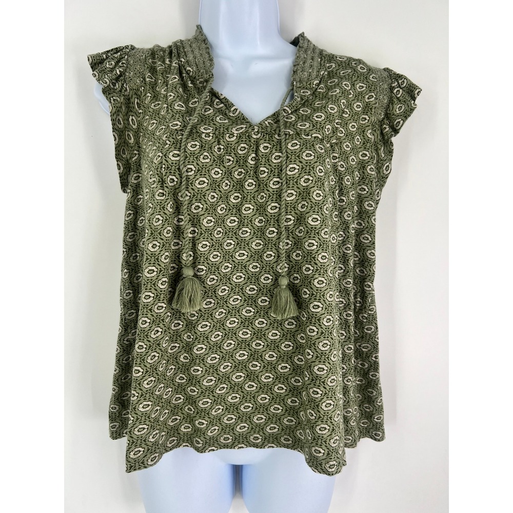 Lucky Brand Women Size M Green Printed Boho Flutter Sleeve Tassel Top - Picture 10 of 10